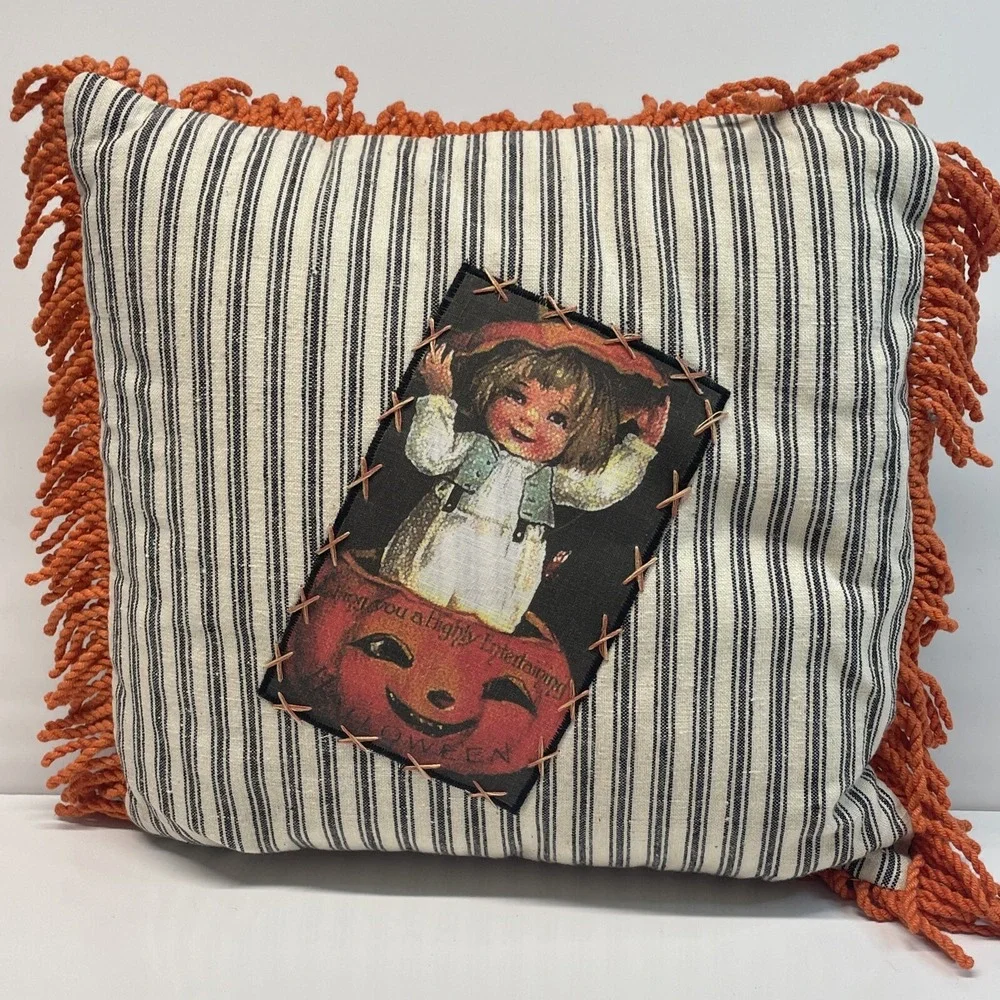 Vintage‎ Halloween Pillow Handmade Baby in Pumpkin Orange Fringe 14